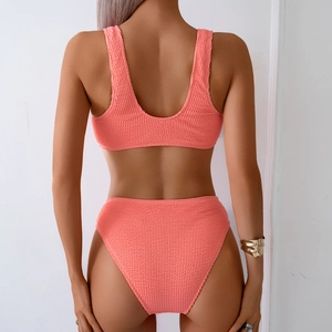 Coral textured seersucker high-waisted bikini set with wide straps and backless design