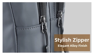 Close-up of waterproof fabric and black painted alloy zippers on the chest bag