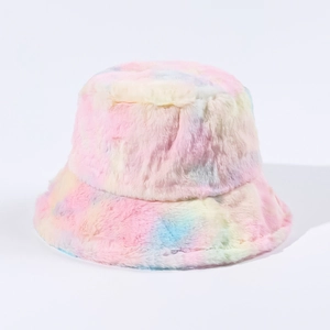 Detail of colorful rainbow tie-dye faux fur bucket hat with soft plush texture