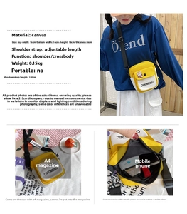 Detailed views of yellow and white canvas crossbody bag with size and capacity info