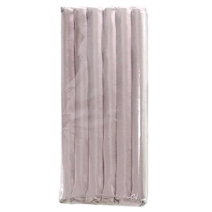 Detail of six pink satin heatless hair curlers packaged in a transparent plastic bag