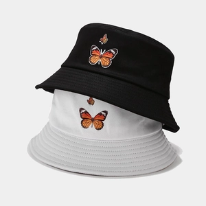 Chapeau Bob En Toile De Coton Brodé Papillon Protection Solaire Bord Large Extérieur Voyage Casual Homme Femme