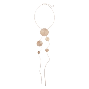 Elegant rose gold long tassel sweater necklace with circular metallic plates and radial texture