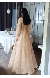 Elegant champagne sequin evening gown back view with starburst glitter and mesh texture