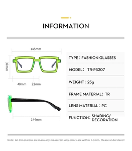 Detailed size chart and specifications for TR90 square anti-blue light fashion glasses