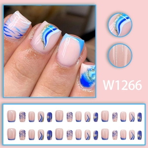 Blue wave and gold glitter marble press-on nails set with square shape and tiger pattern