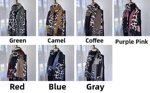 Macro display of seven color variants featuring leopard print and tassel scarves
