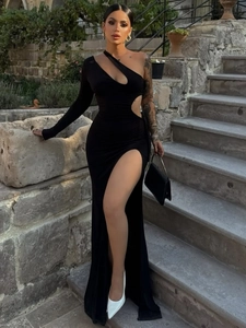 Sexy Asymmetrical Shoulder Maxi Dress Long Sleeve Cut Out Ruched High Slit Bodycon Evening Gown For Women