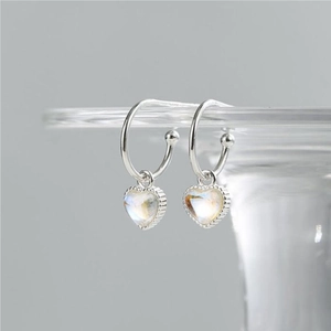 Heart Hoop Earrings 925 Sterling Silver With Iridescent Gemstone Minimalist Beaded Edge Jewelry For Women
