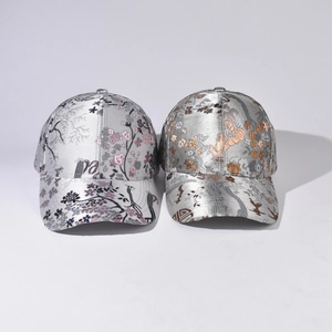 Unisex baseball cap with Chinese silk jacquard floral pattern and curved brim