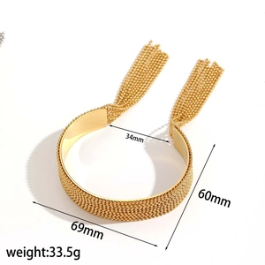 18k gold plated stainless steel open bangle with tassel chain and beaded texture