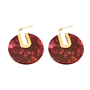 Vintage round red marble pattern earrings with gold plated clips and silver needles
