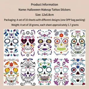 Set of 10 Halloween Day of the Dead face tattoos measuring 12x6.8cm each