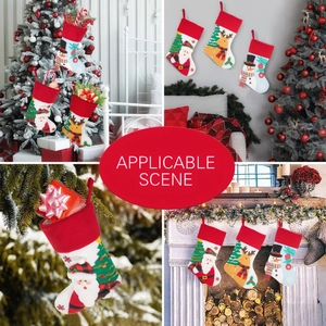 Christmas stocking set with Santa and snowman patterns displayed in various holiday settings