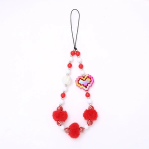 Beaded phone charm with red pom poms and pixel heart pendant for CCD cameras