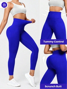 Pantalon de yoga sans couture taille haute bleu roi avec contrôle du ventre et effet push-up
