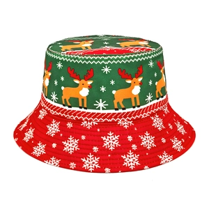 Christmas Bucket Hat Polyester Reindeer Snowflake Print Holiday Party Outdoor Sun Hat Retro Style For Women Men