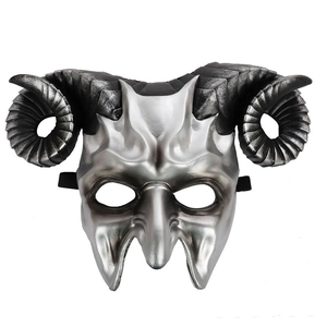 Scary 3D Halloween demon mask with large black horns and silver antique metal texture