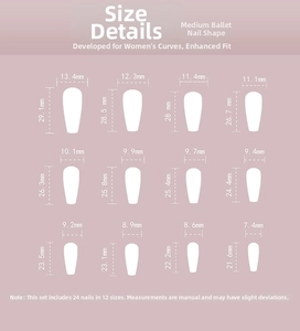 Size chart for gradient press-on nails showing 12 coffin shape dimensions for perfect fit