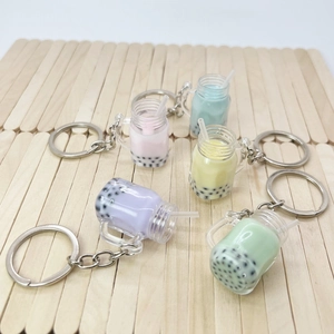 Creative bubble tea keychain set in five pastel colors with realistic resin design