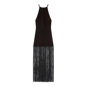 Robe Maxi Licou En Velours Franges Dos Nu Soirée Bodycon Elégante Sans Manches Pour Femmes