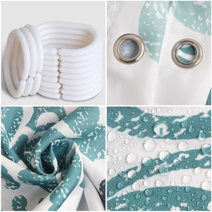 Waterproof polyester shower curtain with blue leaves, C-hooks and metal grommets details