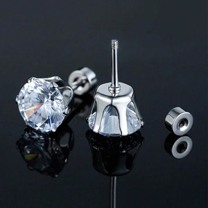Minimalist silver titanium steel stud earrings with six-prong set cubic zirconia stones