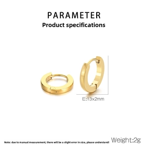 Detail view of 13x2mm gold-plated hoop earrings with technical size measurements
