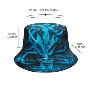 Ethnic blue bucket hat with dragon print, 56-58cm head circumference for outdoor beach sun shade