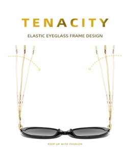 Detail showing elastic metal hinges and flexible gold temples on black round sunglasses