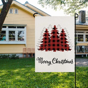 Christmas garden flag with buffalo plaid tree and Merry Christmas text on linen