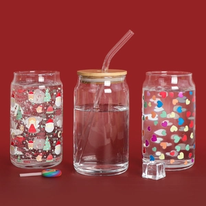 Cold color-changing glass cans with bamboo lids, glass straws and holiday patterns