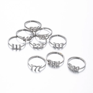 Macro detail of nine-piece angel number rings with gothic hollow design and open bands