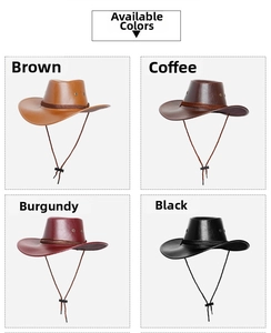 Detail of PU leather western cowboy hats featuring metal eyelets and adjustable chin cords