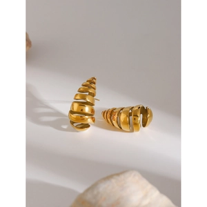 Polished 18K gold-plated stainless steel hollow waterdrop earrings in spiral design