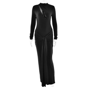 Elegant black long-sleeve evening gown with side cut-out and knotted waist detail