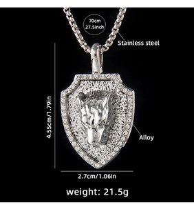 Detailed size specifications of the silver shield wolf head necklace with crystal stones