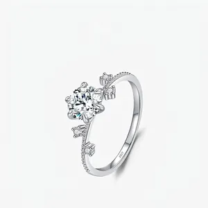 925 Sterling Silver Moissanite Ring Round Brilliant Cut D Color VVS1 Six Prong Flower Vine Wedding Engagement Jewelry