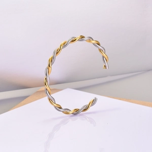 Fashionable C-shaped twisted rope bangle in gold and silver finish stainless steel