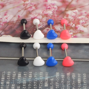 Set of eight heart-shaped acrylic tongue rings in four colors with stainless steel bars