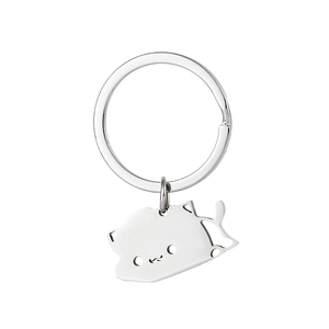 Polished silver stainless steel keychain featuring a cute minimalist cartoon cat charm