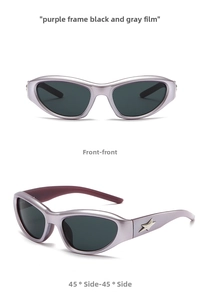 Detail view of purple Y2K sports sunglasses with metallic star decor on the side temple