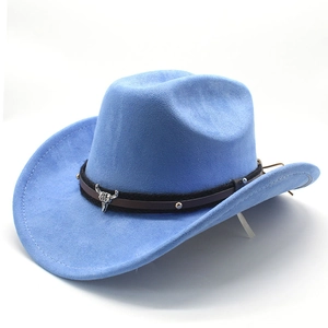 Detail of light blue felt cowboy hat featuring bull head pendant and studded leather band