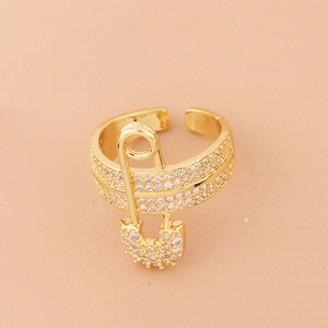 Trendy Safety Pin Adjustable Open Ring Copper Real Gold Plated Micro Pave Cubic Zirconia Personalized Jewelry For Women