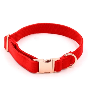 Red velvet dog collar with rose gold metal buckle and D-ring on white background