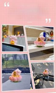 Cute pink resin pig figurine shown on desk, car dashboard, and handlebar scenarios