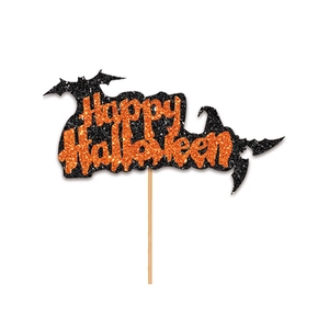 Glittery Happy Halloween cake topper with orange sparkles and black bat wings design