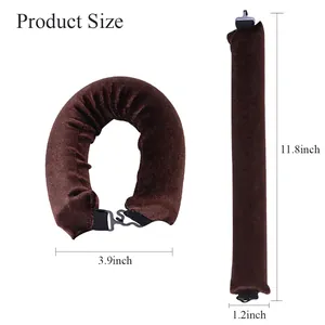 Brown velvet heatless hair curler set showing flexible bendable rods and product dimensions