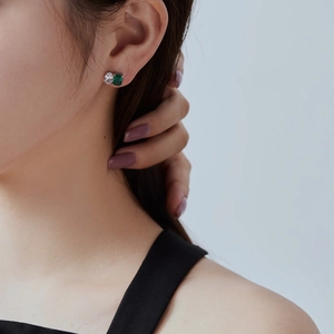 S925 sterling silver stud earrings featuring square emerald zircon and round diamond accents