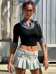 T-Shirt À Manches Longues Pour Femmes Patchwork À Carreaux Col Polo Tricot Nervuré Coupe Slim Top Streetwear